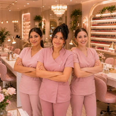 Equipo de manicuristas en un salón de uñas establecido
